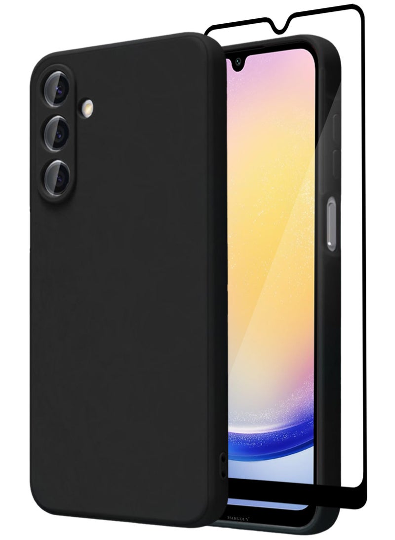 CATANES 2Packs Liquid Silicone Case for Samsung Galaxy A25 Protective Phone Case with Soft Anti-Scratch Microfiber Lining Utra Slim Drop Protection Phone Cover with 3D Screen Protector - Black - Image 1