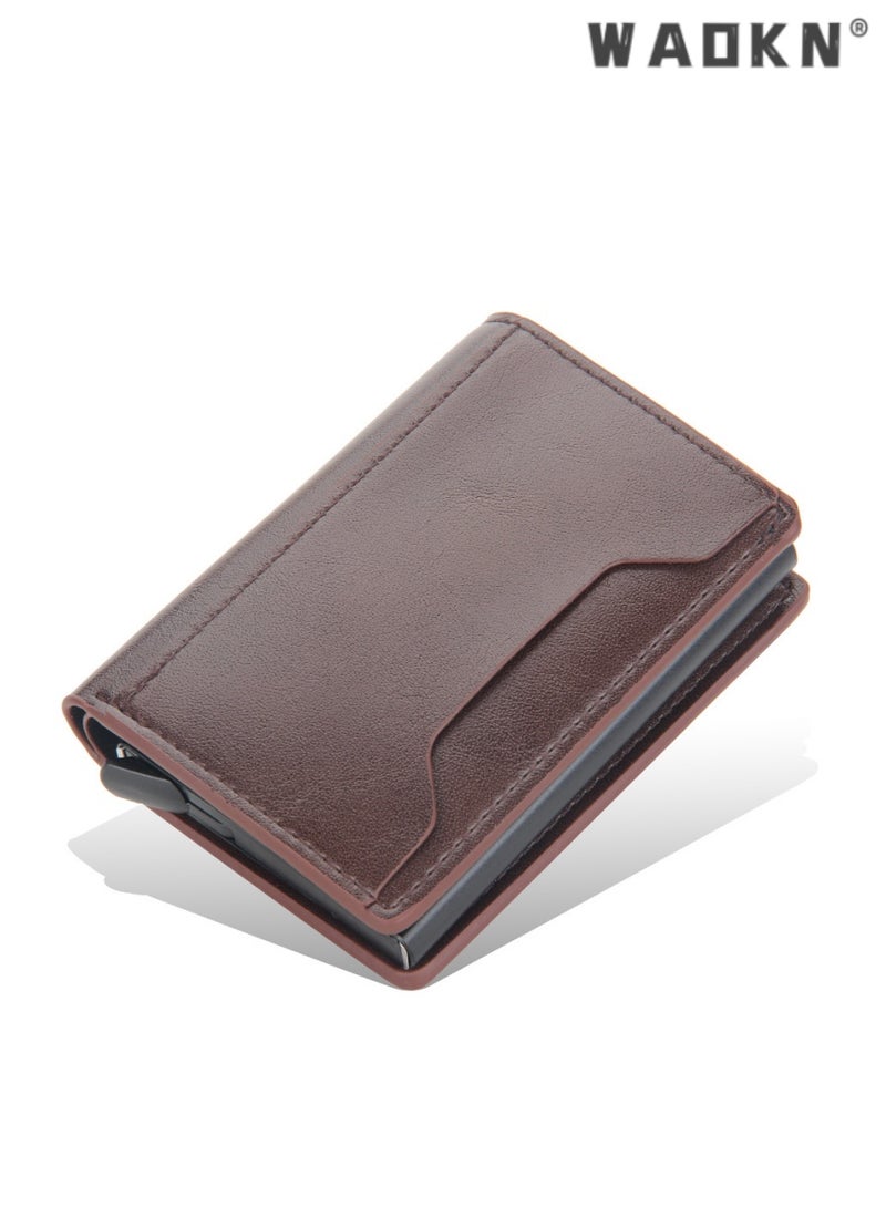 WAOKN Trendy Men's Short Aluminum Box Wallet Integrated with Anti-Magnetic & Anti-Theft Technology, Designed with Automatic Card Ejection (brown)  - Image 1