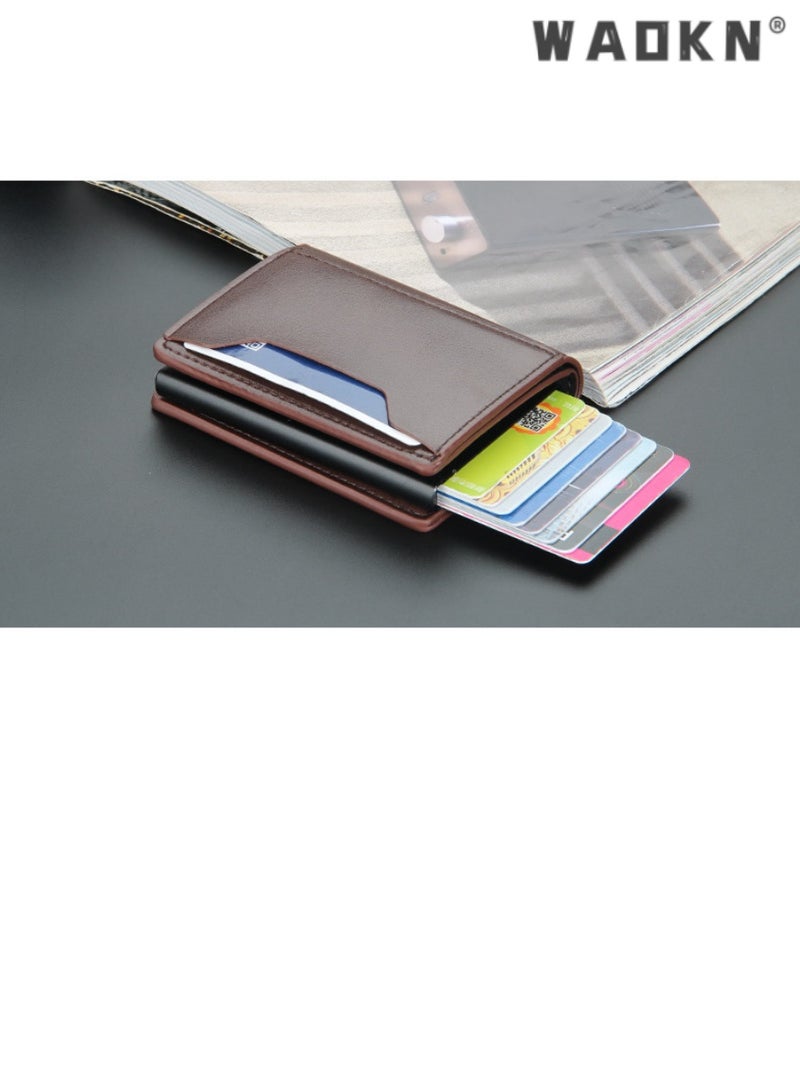 WAOKN Trendy Men's Short Aluminum Box Wallet Integrated with Anti-Magnetic & Anti-Theft Technology, Designed with Automatic Card Ejection (brown)  - Image 2