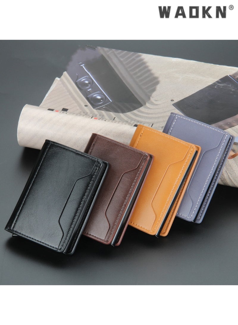 WAOKN Trendy Men's Short Aluminum Box Wallet Integrated with Anti-Magnetic & Anti-Theft Technology, Designed with Automatic Card Ejection (brown)  - Image 5