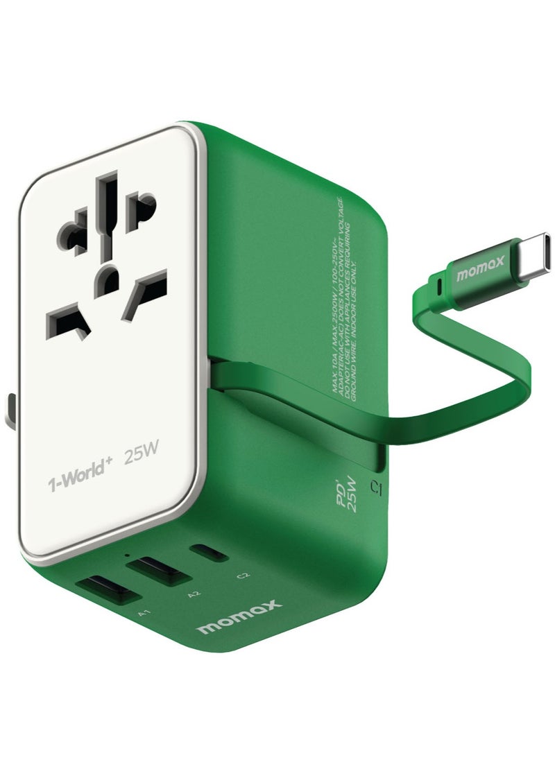 Momax Momax UA20 1-World 25W GaN 3 Ports + Multi Plug Travel Adapter Multi Volt 100-240V USB-C / USB-A with Retractable USB-C Cable - Green  - Image 1