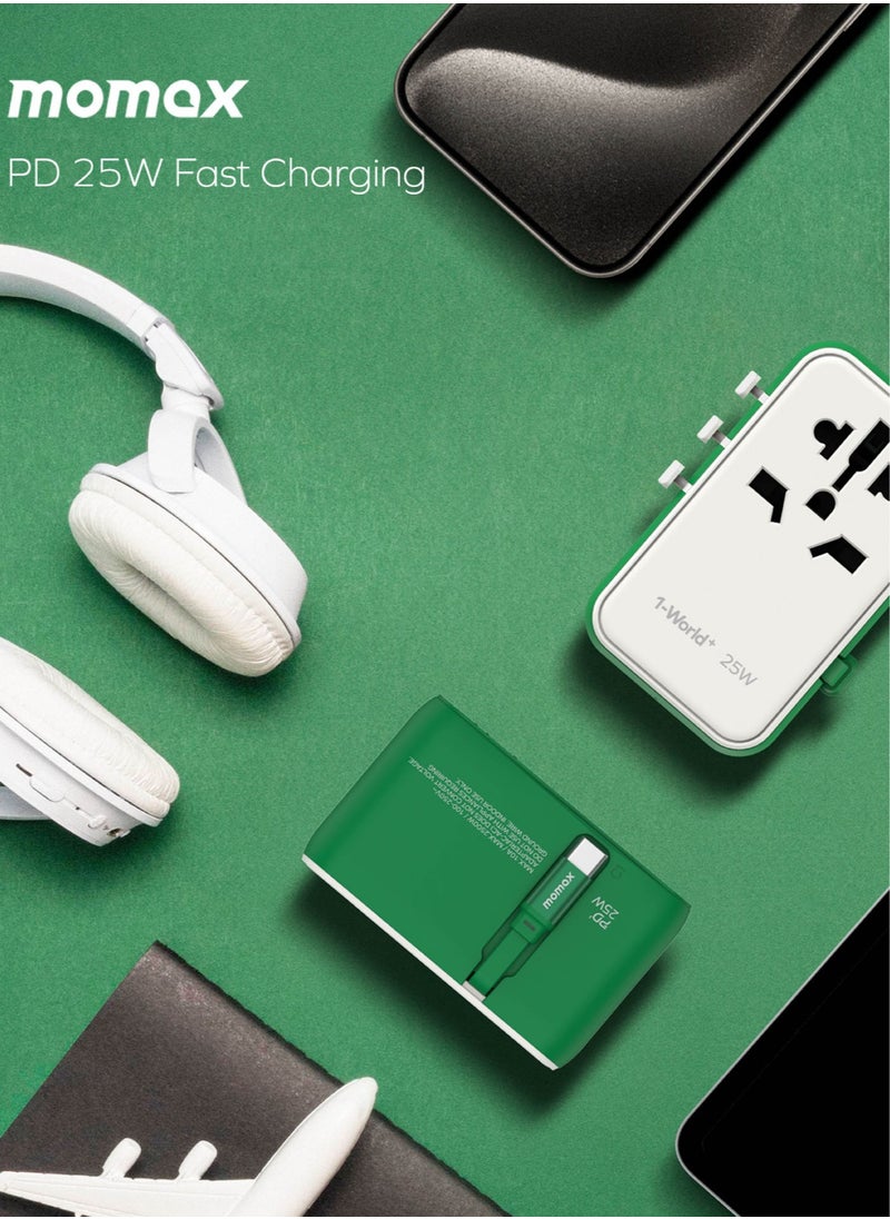 Momax Momax UA20 1-World 25W GaN 3 Ports + Multi Plug Travel Adapter Multi Volt 100-240V USB-C / USB-A with Retractable USB-C Cable - Green  - Image 3