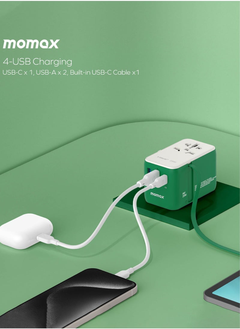 Momax Momax UA20 1-World 25W GaN 3 Ports + Multi Plug Travel Adapter Multi Volt 100-240V USB-C / USB-A with Retractable USB-C Cable - Green  - Image 4
