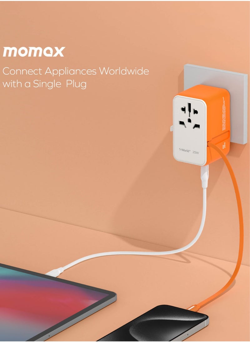 Momax Momax UA20 1-World 25W GaN 3 Ports + Multi Plug Travel Adapter Multi Volt 100-240V USB-C / USB-A with Retractable USB-C Cable - Green  - Image 5