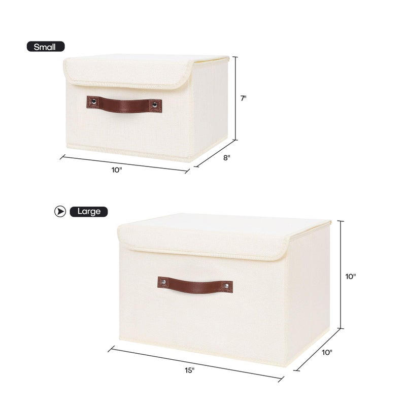 ANMINY Storage Bin with Lid Storage Boxes with PU Leather Handles PP Plastic Board Decorative Foldable Lidded Cotton Linen Fabric Home Cubes Baskets Closet Organizer Container - Beige, Large Size - Image 5