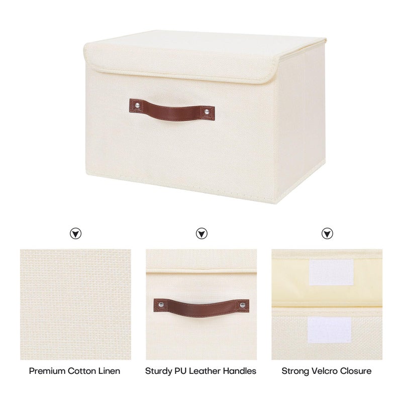 ANMINY Storage Bin with Lid Storage Boxes with PU Leather Handles PP Plastic Board Decorative Foldable Lidded Cotton Linen Fabric Home Cubes Baskets Closet Organizer Container - Beige, Large Size - Image 3