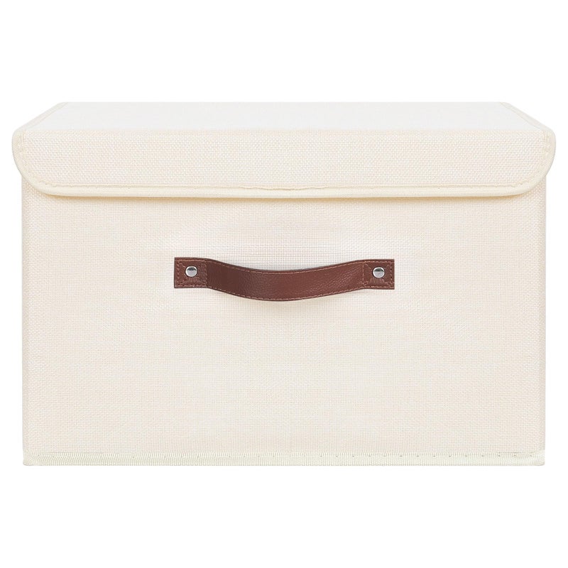 ANMINY Storage Bin with Lid Storage Boxes with PU Leather Handles PP Plastic Board Decorative Foldable Lidded Cotton Linen Fabric Home Cubes Baskets Closet Organizer Container - Beige, Large Size - Image 2