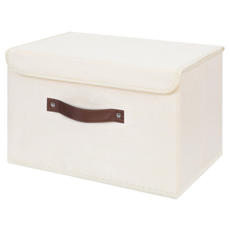 ANMINY Storage Bin with Lid Storage Boxes with PU Leather Handles PP Plastic Board Decorative Foldable Lidded Cotton Linen Fabric Home Cubes Baskets Closet Organizer Container - Beige, Large Size - Image 1