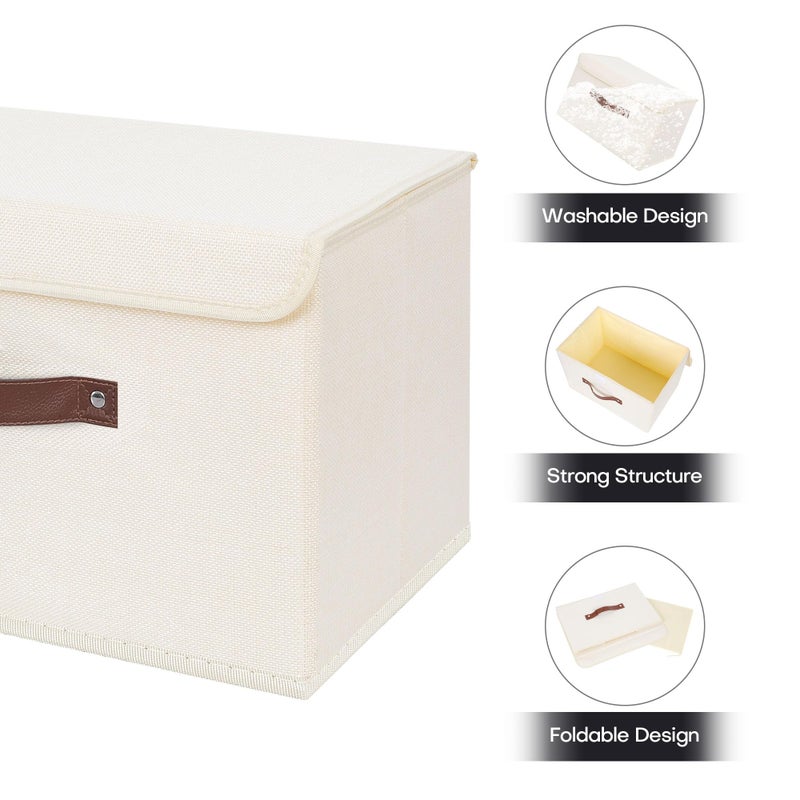 ANMINY Storage Bin with Lid Storage Boxes with PU Leather Handles PP Plastic Board Decorative Foldable Lidded Cotton Linen Fabric Home Cubes Baskets Closet Organizer Container - Beige, Large Size - Image 4
