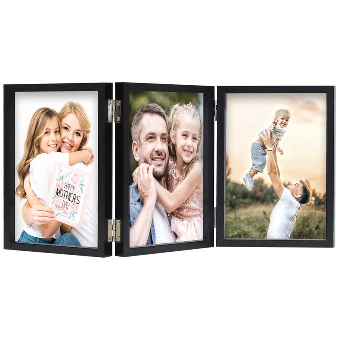 3 PICTURE FRAME 5X7 BLACK TRIPLE HINGED MDF WOOD WITH GLASS FRONT THREE OPENING PHOTO FRAME STAND VERTICAL ON TABLETOP