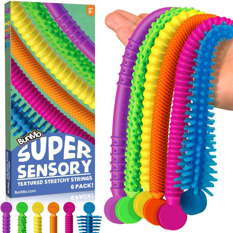 BUNMO Stretchy Strings - Stimulating & Fun Fidget Toys for Kids - Hours of Fun - Non-Mouthable Toy 3+ - Super Sensory 6 Pack - Image 1