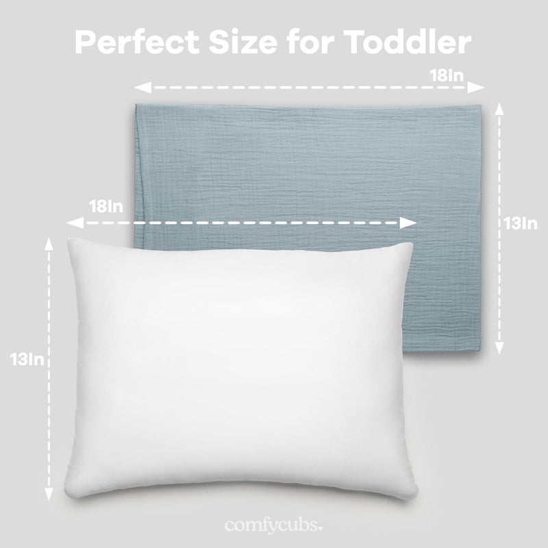 Comfy Cubs وسادة كومفي كابس للأطفال مع غلاف موسلين 13 × 18 بوصة دعم السفر والنوم للأطفال خفيفة الوزن وقابلة للتنفس حشوة ميكروفايبر ناعمة ومريحة وسادة صغيرة للأطفال باللون الأزرق الهادئ - Image 2