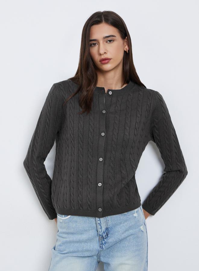 Styli Grey Regular Fit Cable Knit Cardigan - Image 3