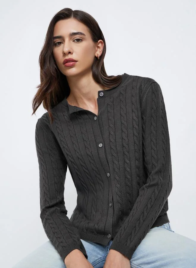 Styli Styli Grey Regular Fit Cable Knit Cardigan