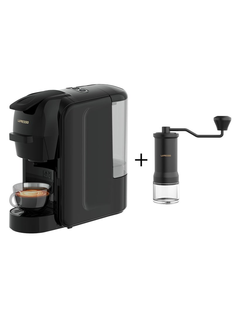 LePRESSO Lieto 3-in-1 Multifunction Capsule Coffee Machine with 0.6L Capacity, Nespresso/Dolce Gusto & Powder Coffee Compatible, 19 Bar Italian Pump, High Power Coffee Maker, Efficient Brew, Included High Precision Conical Burr Grinder with Glass Container, Perfect for Home Use - Black Bundle - Image 1