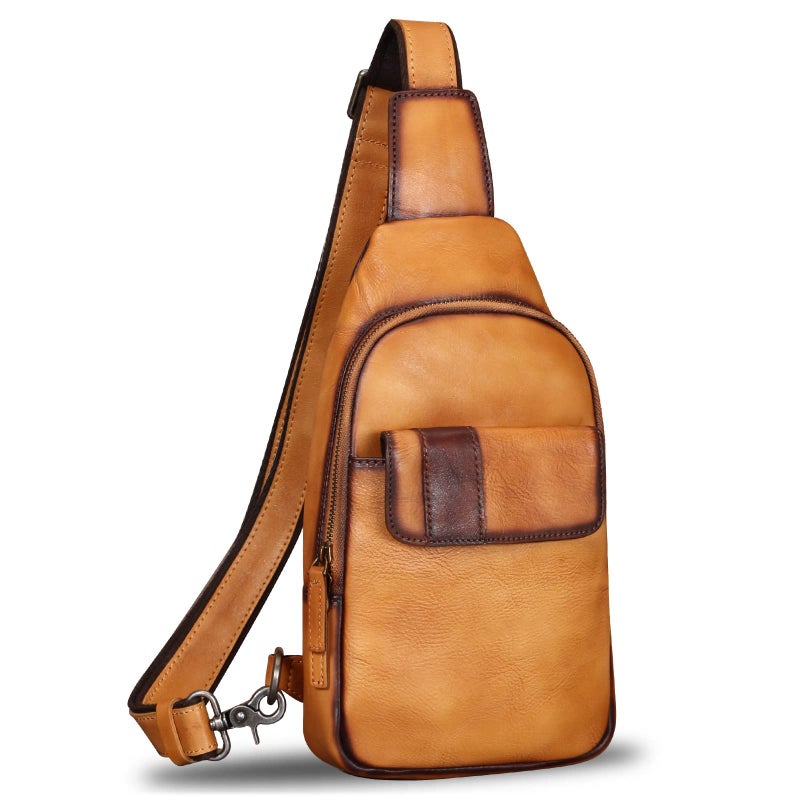 IVTG Genuine Leather Sling Bag for Men and Women Vintage Sling Backpack Fashion Shoulder Bag Crossbody Bag Chest Bag Brown