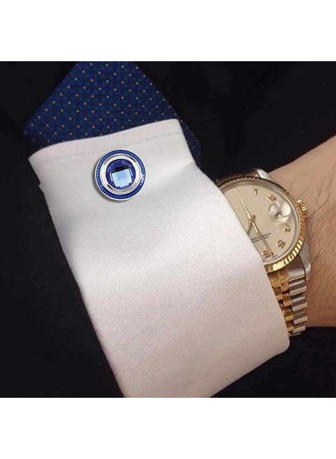 هاوسن طقم أزرار أكمام ومسامير من الكريستال لقمصان السهرة الرجالية مع صندوق هدايا - زوج واحد من أزرار الأكمام مع 6 قطع من المسامير - أزرق - Image 4