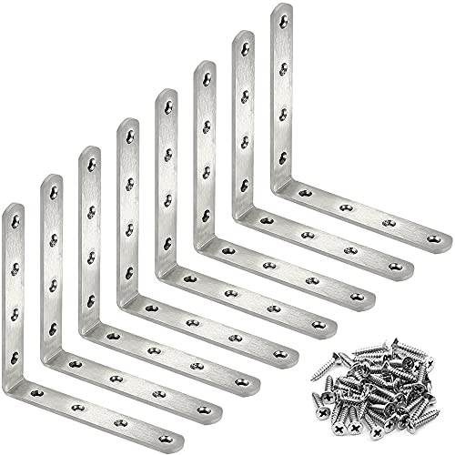 Eitonbu 8 Pcs Stainless Steel L Bracket 5 x 5 inch Heavy Duty Solid Shelf Support Corner Brace, Metal Joint Right Angle Brace for Wood Shelves, Silver, Corner Mount - Image 1