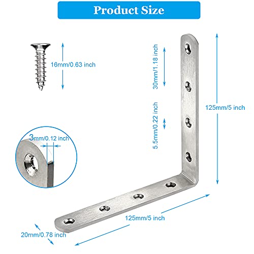 Eitonbu 8 Pcs Stainless Steel L Bracket 5 x 5 inch Heavy Duty Solid Shelf Support Corner Brace, Metal Joint Right Angle Brace for Wood Shelves, Silver, Corner Mount - Image 2