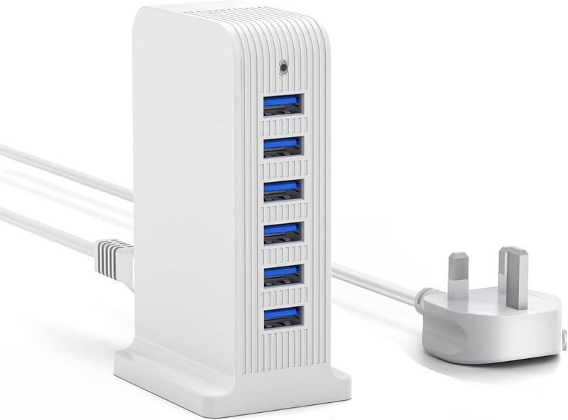 في اتش بي دبليو برج شحن USB بستة منافذ، شاحن بقدرة 25 واط لأجهزة متعددة – آيفون، أندرويد، جهاز لوحي، وغيرها (أبيض) - Image 1