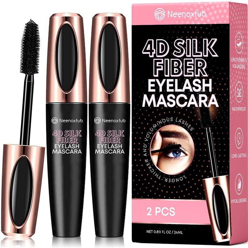 Neenoxtub 4D Silk Fiber Lash Mascara Lengthening and Thick Long Lasting Waterproof  SmudgeProof Hypoallergenic Formula 2 Pack Black