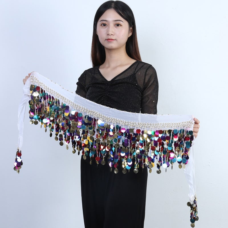 Belly dance waist chain hip towel skirt new Indian dance watch performance waist seal copper gong belt sequined tassel waist towel dance White