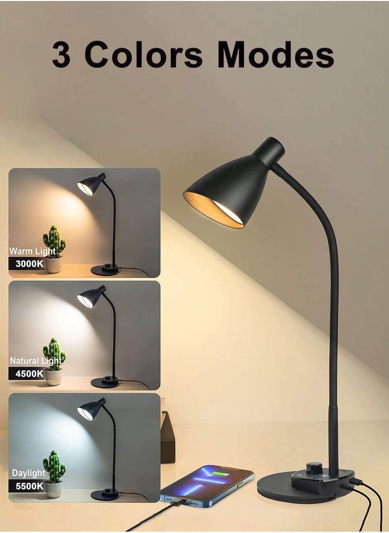 LOOPITYS - LED Desk Lamp,3 Color Modes,Table Lamp for Bedside with USB Charging Port,Flexible Gooseneck Task Lamp Auto Dimming for Reading Study(Black,Adapter Include) - Image 1