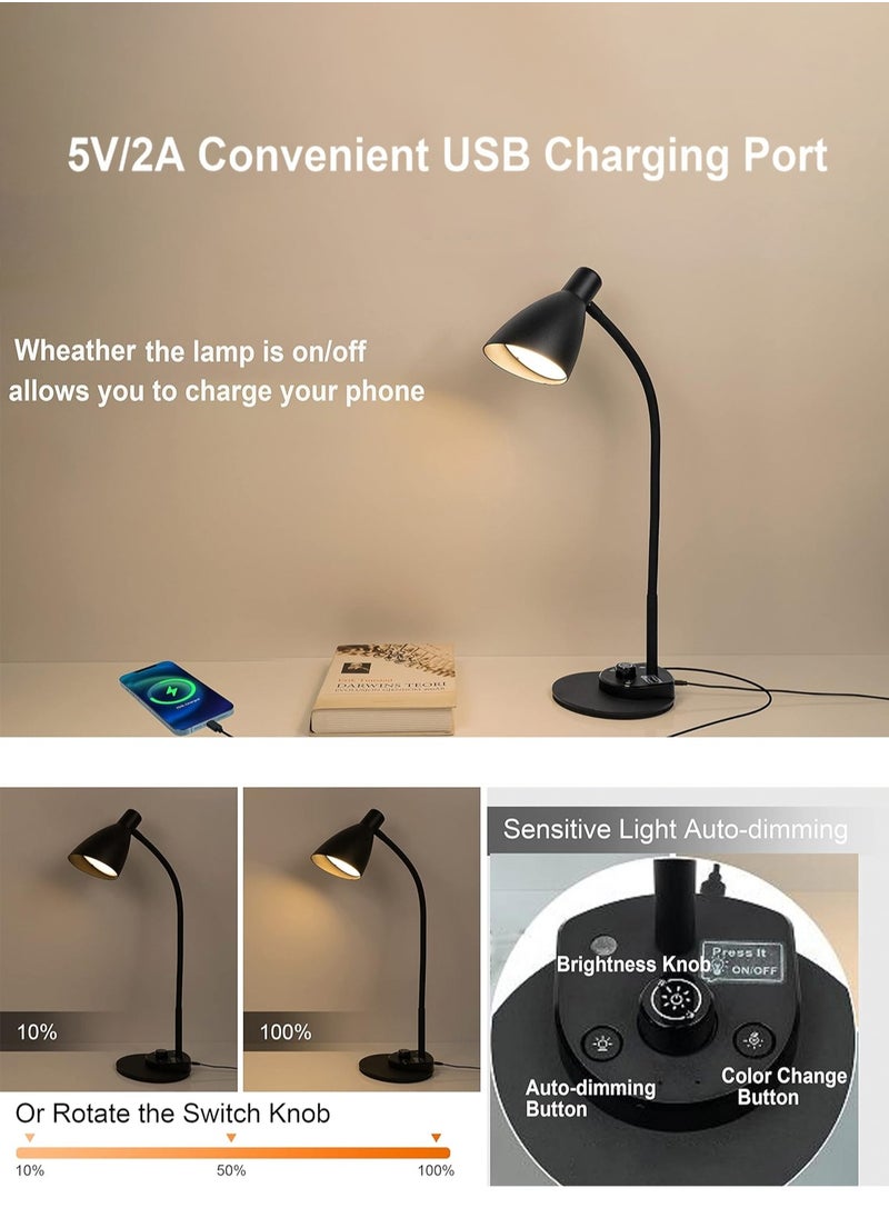 LOOPITYS - LED Desk Lamp,3 Color Modes,Table Lamp for Bedside with USB Charging Port,Flexible Gooseneck Task Lamp Auto Dimming for Reading Study(Black,Adapter Include) - Image 1