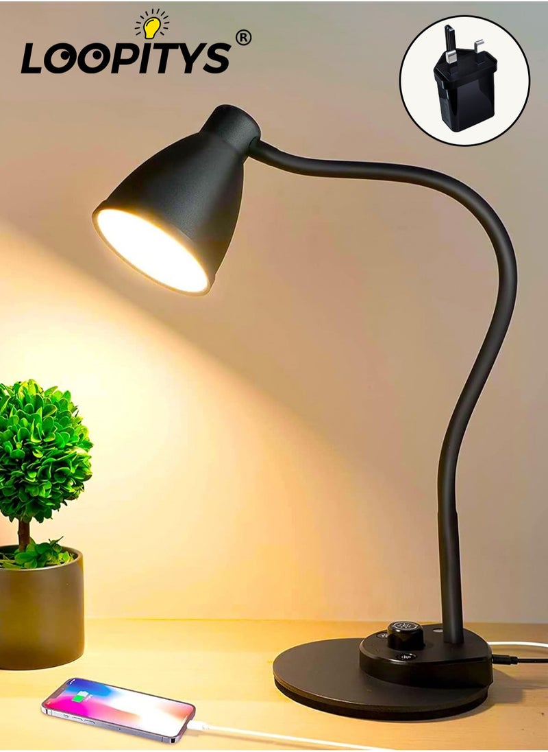 LOOPITYS - LED Desk Lamp,3 Color Modes,Table Lamp for Bedside with USB Charging Port,Flexible Gooseneck Task Lamp Auto Dimming for Reading Study(Black,Adapter Include) - Image 1