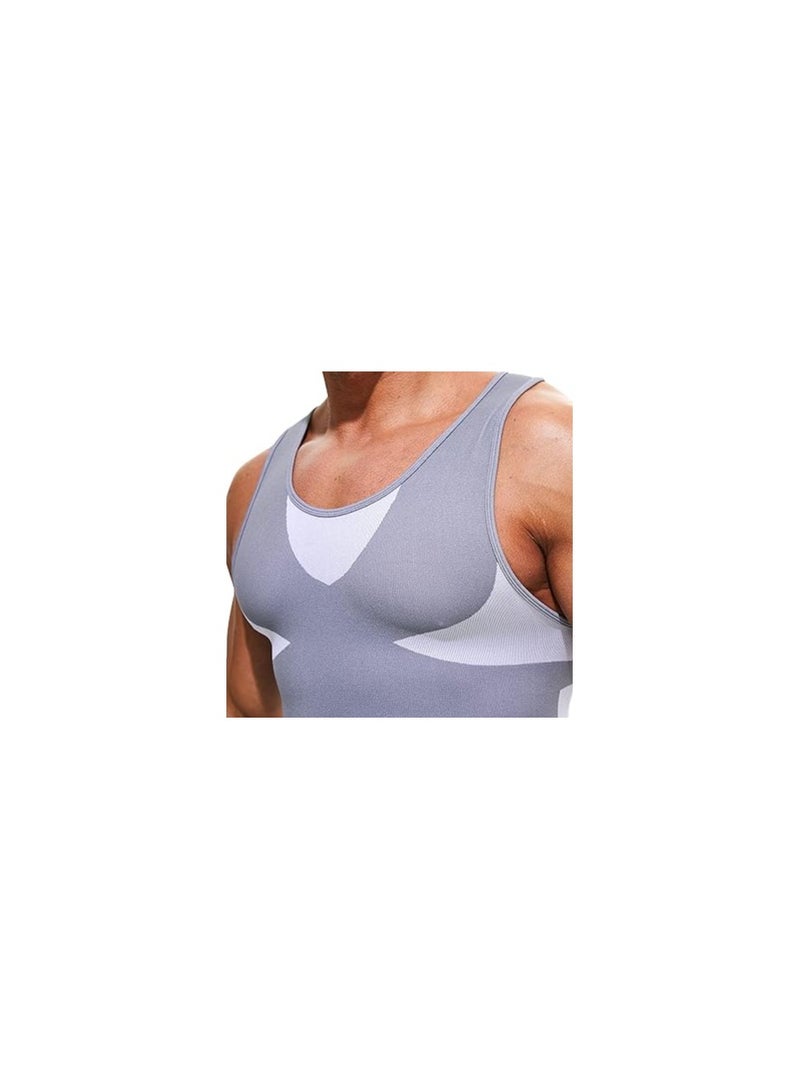 Mens Compression Shirt, Mens Slimming Body Shaper Vest, Muscle Training Tank, Undershirt Square Cut Muscle Tank, Top Workout Vest Abs Abdomen Slim, for Outdoor, Indoor Activity(XL)(Light Grey)