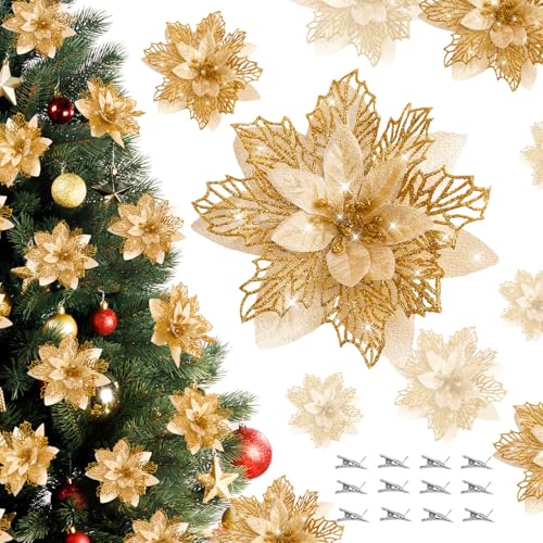 BAOTUJIA 12Pcs Gold Christmas Poinsettias Flowers Decoration Artificial Flowers for Christmas Tree Ornaments Suitable for Home Wreath Making Christmas Decorations Xmas Tree Decorations Items - Image 1