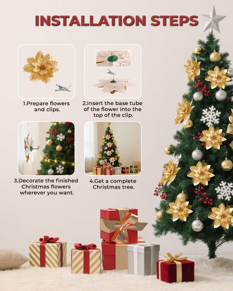 BAOTUJIA 12Pcs Gold Christmas Poinsettias Flowers Decoration Artificial Flowers for Christmas Tree Ornaments Suitable for Home Wreath Making Christmas Decorations Xmas Tree Decorations Items - Image 3