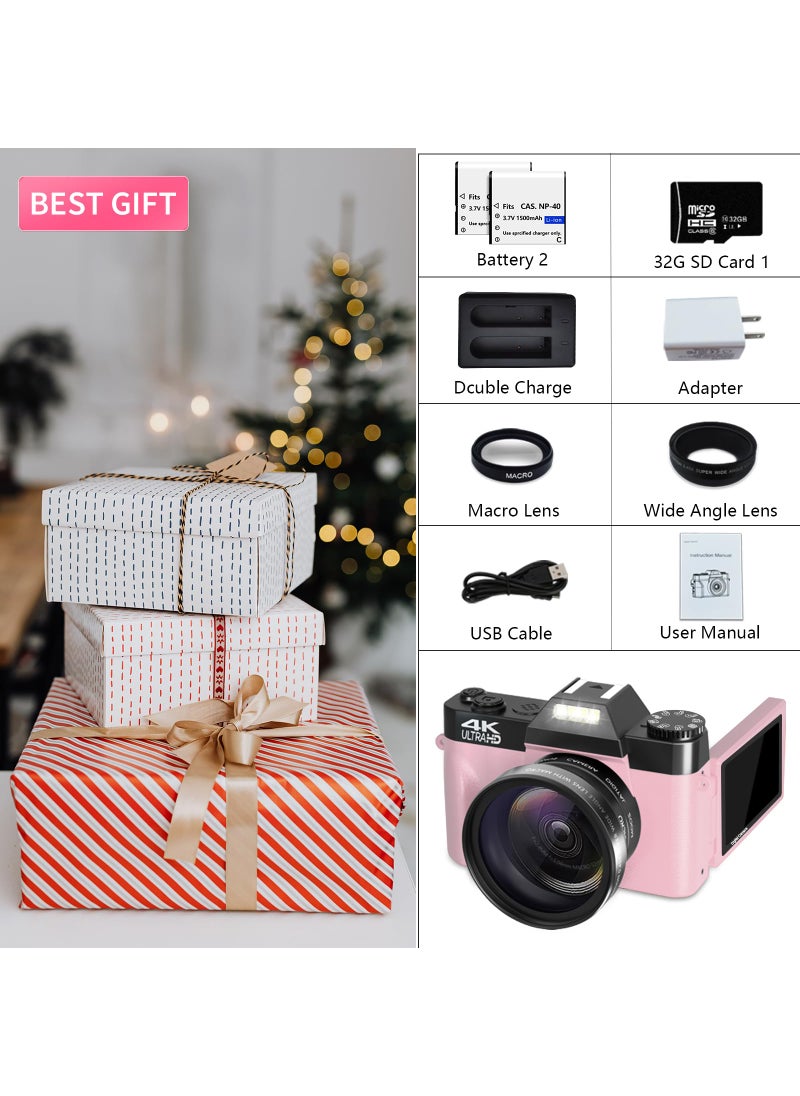 VETEK VETEK Digital Cameras for Photography, 4K 48MP Vlogging Camera 16X Digital Zoom Manual Focus Students Compact Camera with 52mm Wide-Angle Lens & Macro Lens, 32G Micro Card and 2 Batteries (Pink)  - Image 5