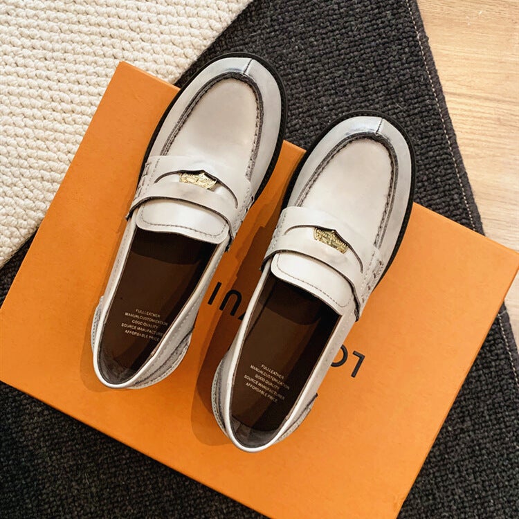 Miu Brown Loafers 2023 New Retro Small Gold Coin Buckle Slip-On Flat French Single-Layer Shoes Women'S Chunky Heel - Image 1