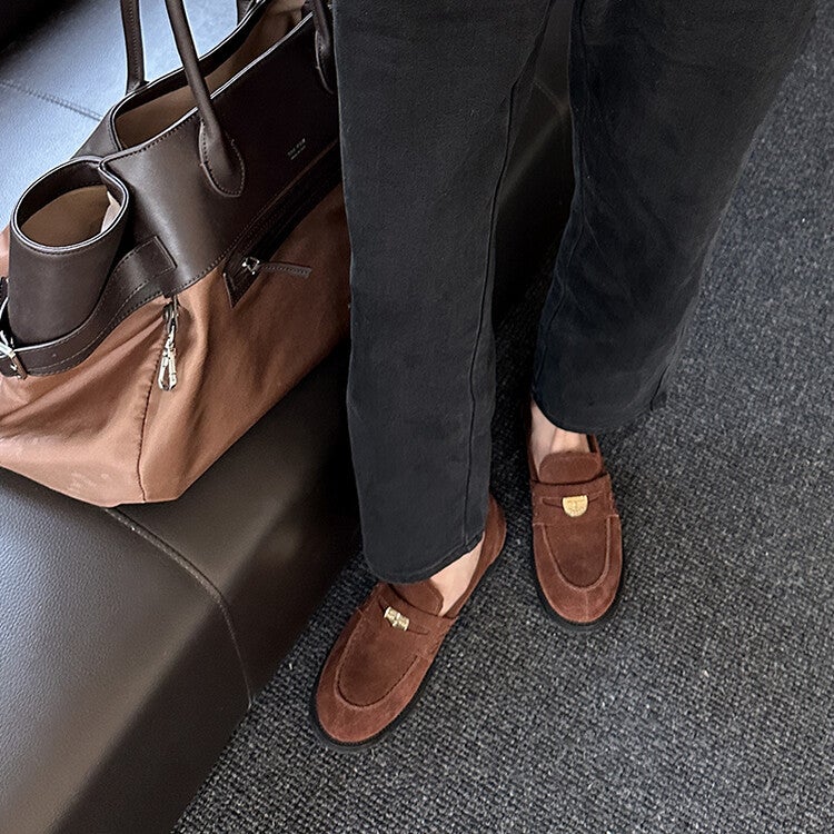 Miu Brown Loafers 2023 New Retro Small Gold Coin Buckle Slip-On Flat French Single-Layer Shoes Women'S Chunky Heel - Image 3