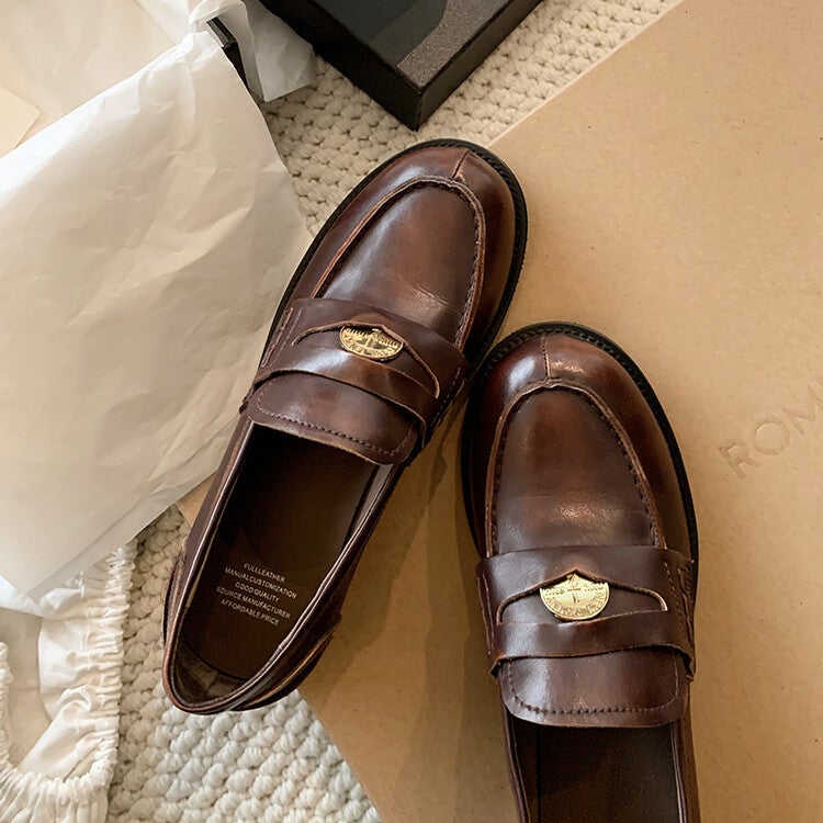 Miu Brown Loafers 2023 New Retro Small Gold Coin Buckle Slip-On Flat French Single-Layer Shoes Women'S Chunky Heel - Image 2