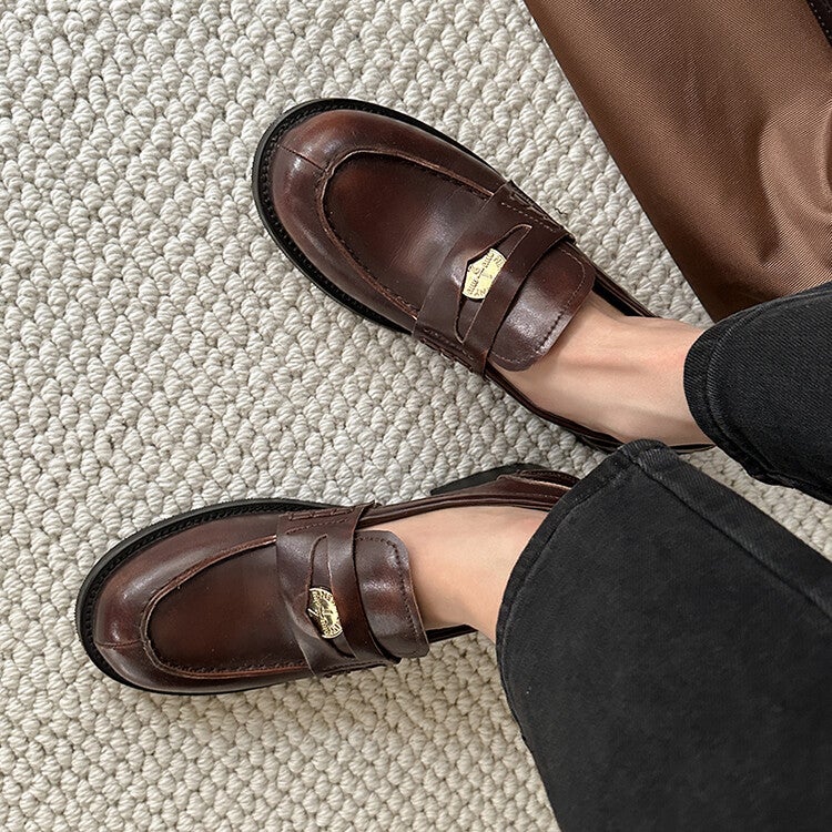 Miu Brown Loafers 2023 New Retro Small Gold Coin Buckle Slip-On Flat French Single-Layer Shoes Women'S Chunky Heel - Image 4