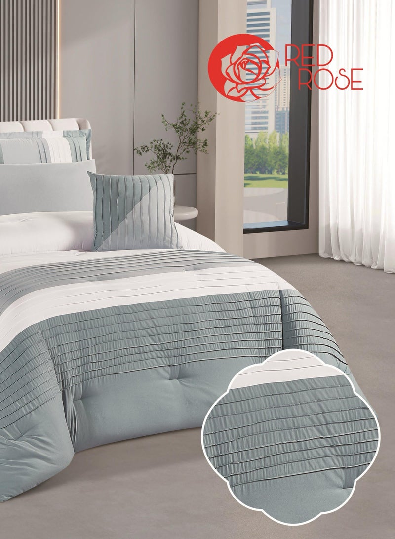 Red Rose 7 Pieces Comforter Microfiber Set King Size with Modern Striped Design and Embroidery 240*260 cm - Image 2
