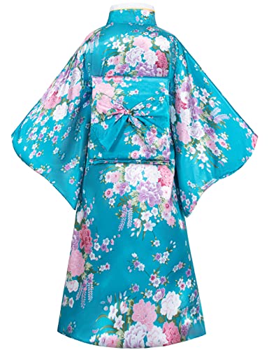 Elibelle Japanese Traditional Dress Kimono Robe for Kids Girls Costume Silk Folding Fans hairstick Set(Blue1Type100cm) - Image 5