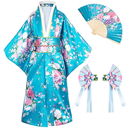 Elibelle Japanese Traditional Dress Kimono Robe for Kids Girls Costume Silk Folding Fans hairstick Set(Blue1Type100cm) - Image 2