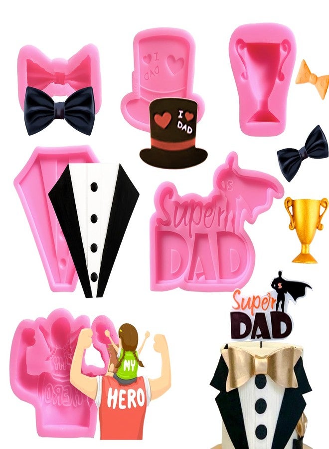 Doumeny 6pcs I love Dad Fondant Molds, Super Dad Silicone Mold Hat Tie Candy Mold Father and Child Chocolate Mold Trophy Beard Moustache Biscuit Cake Mold Men Dress Mold for Party Cupcake Sugar Decor - Image 1