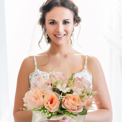 CYANLUX Wedding Bouquets for Bride Bridesmaid Bouquet Champagne White Artificial Roses Flowers for Wedding Valentine's Day Church Home Decoration (Champagne)… - Image 2