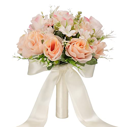CYANLUX Wedding Bouquets for Bride Bridesmaid Bouquet Champagne White Artificial Roses Flowers for Wedding Valentine's Day Church Home Decoration (Champagne)… - Image 1