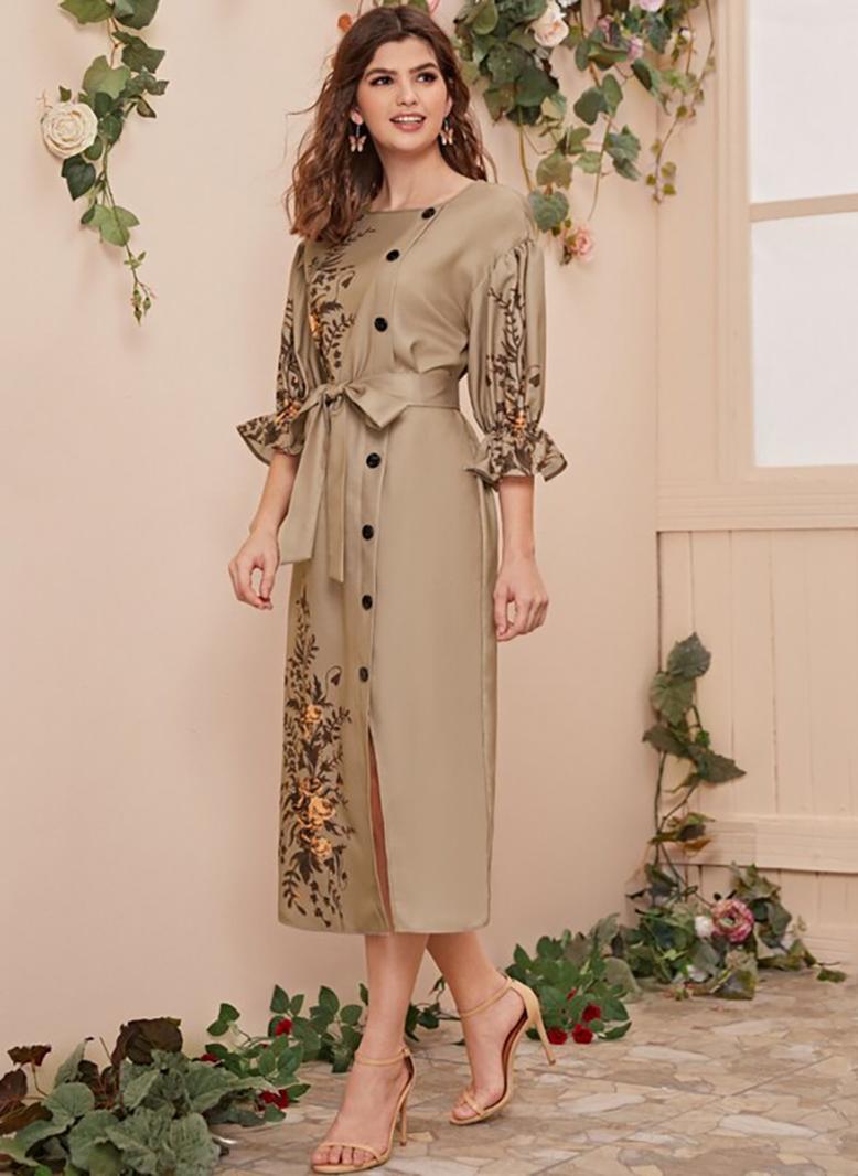 فرايديين نسائي نمط المشاهير دائري زهري منتظم فساتين ميد كاكي - Image 1