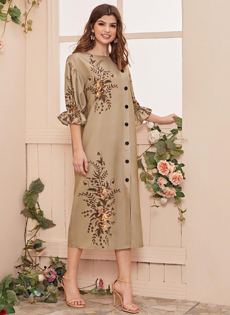 فرايديين نسائي نمط المشاهير دائري زهري منتظم فساتين ميد كاكي - Image 4