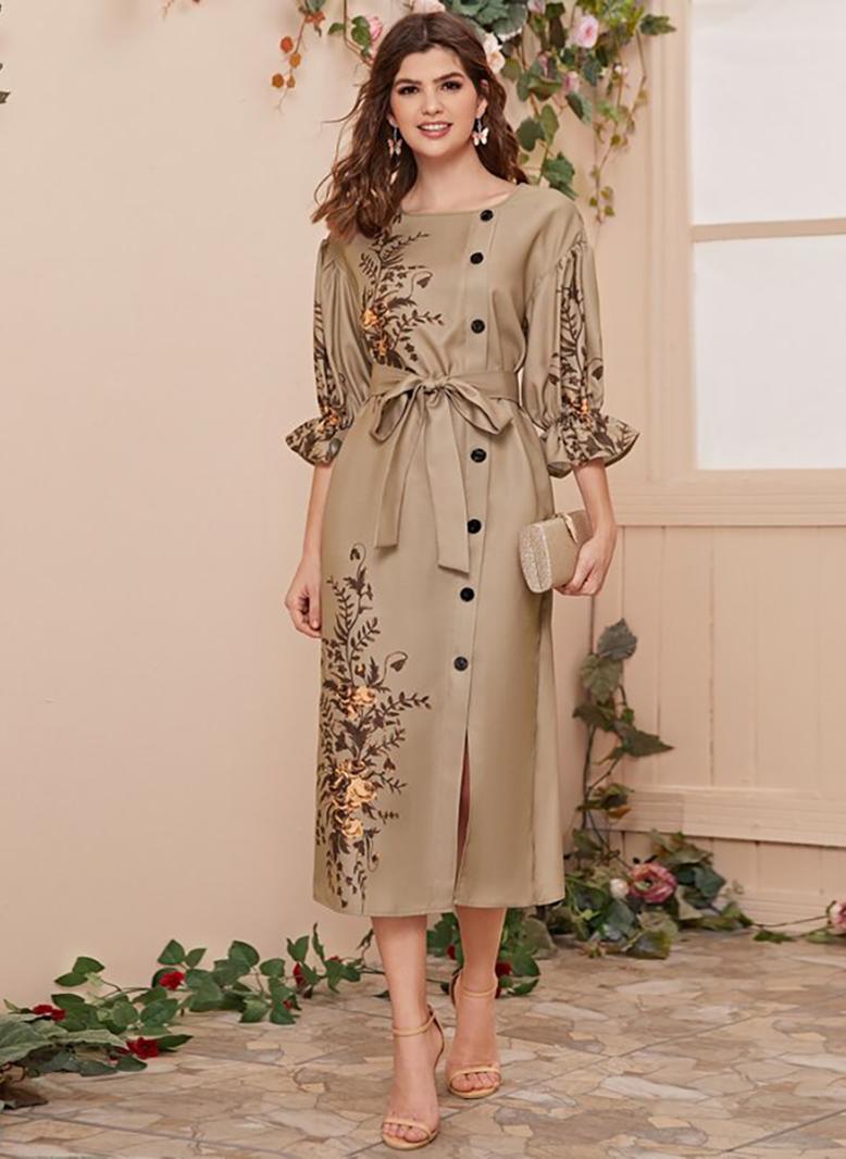 فرايديين نسائي نمط المشاهير دائري زهري منتظم فساتين ميد كاكي - Image 2