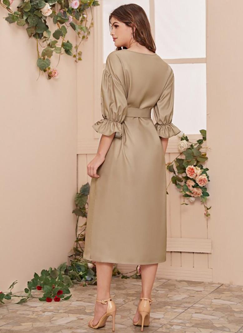 فرايديين نسائي نمط المشاهير دائري زهري منتظم فساتين ميد كاكي - Image 5