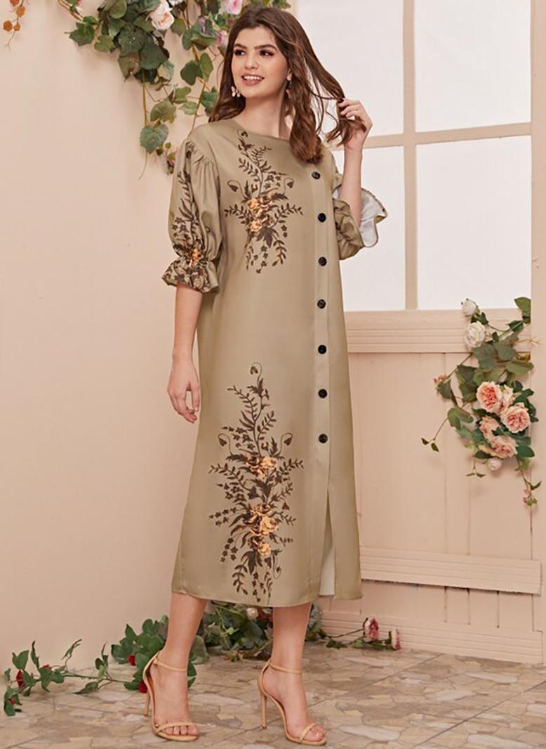 فرايديين نسائي نمط المشاهير دائري زهري منتظم فساتين ميد كاكي - Image 3