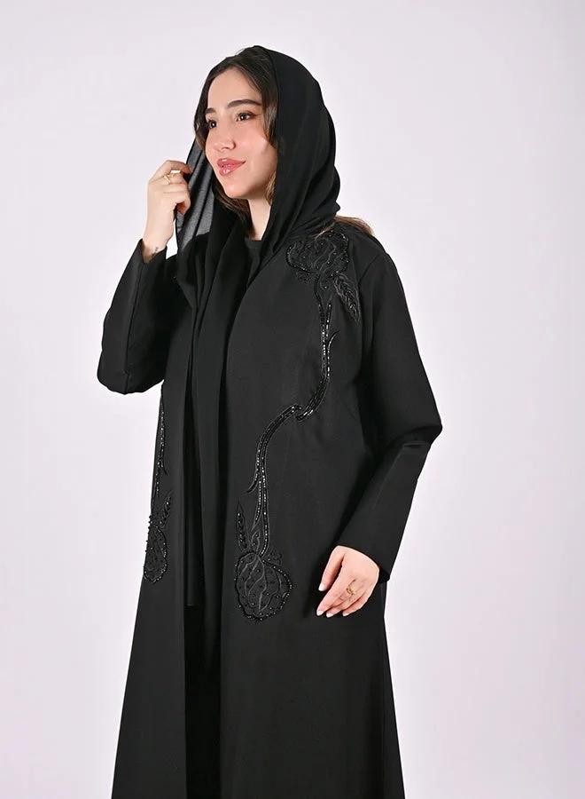 عبايات حوراء عباية روزا سوداء مزينة بشك وتطريز راقي