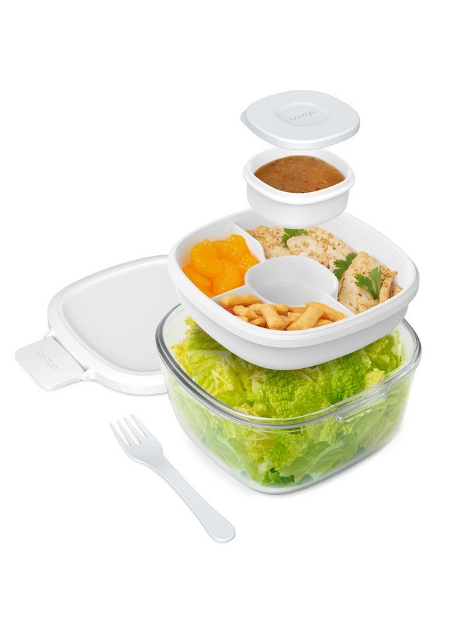 Bentgo Glass All-in-One Salad Container - Large 61-oz Salad Bowl with Lid, 4-Compartment Bento-Style Tray, 3-oz Sauce Container, and Reusable Fork - Dishwasher, Microwave, and Oven Safe (White) - Image 1